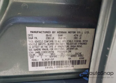 2003 Nissan Altima 3.5 Se z USA, uszkodzony, nr VIN 1N4BL11D03C109736